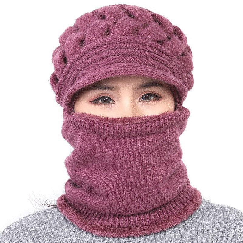 Knitted balaclava beanie in wine red with ribbed face cover and thick neck warmer
