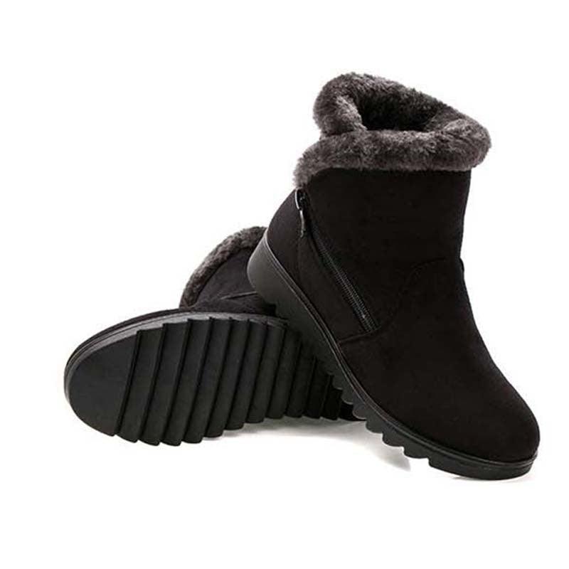 Women’s black winter ankle boots with faux-fur lining and thick tread outsole.
