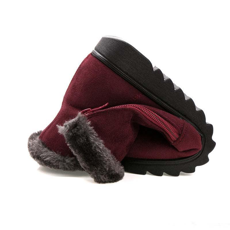 Women’s winter ankle boot in burgundy suede with faux fur collar and side zipper
