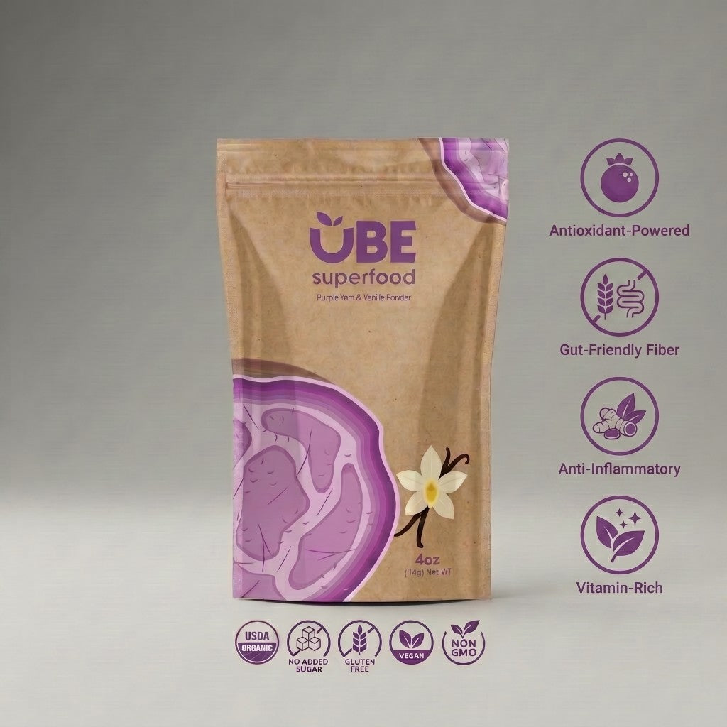 Organic ube powder pouch, kraft bag with purple ube artwork and logo