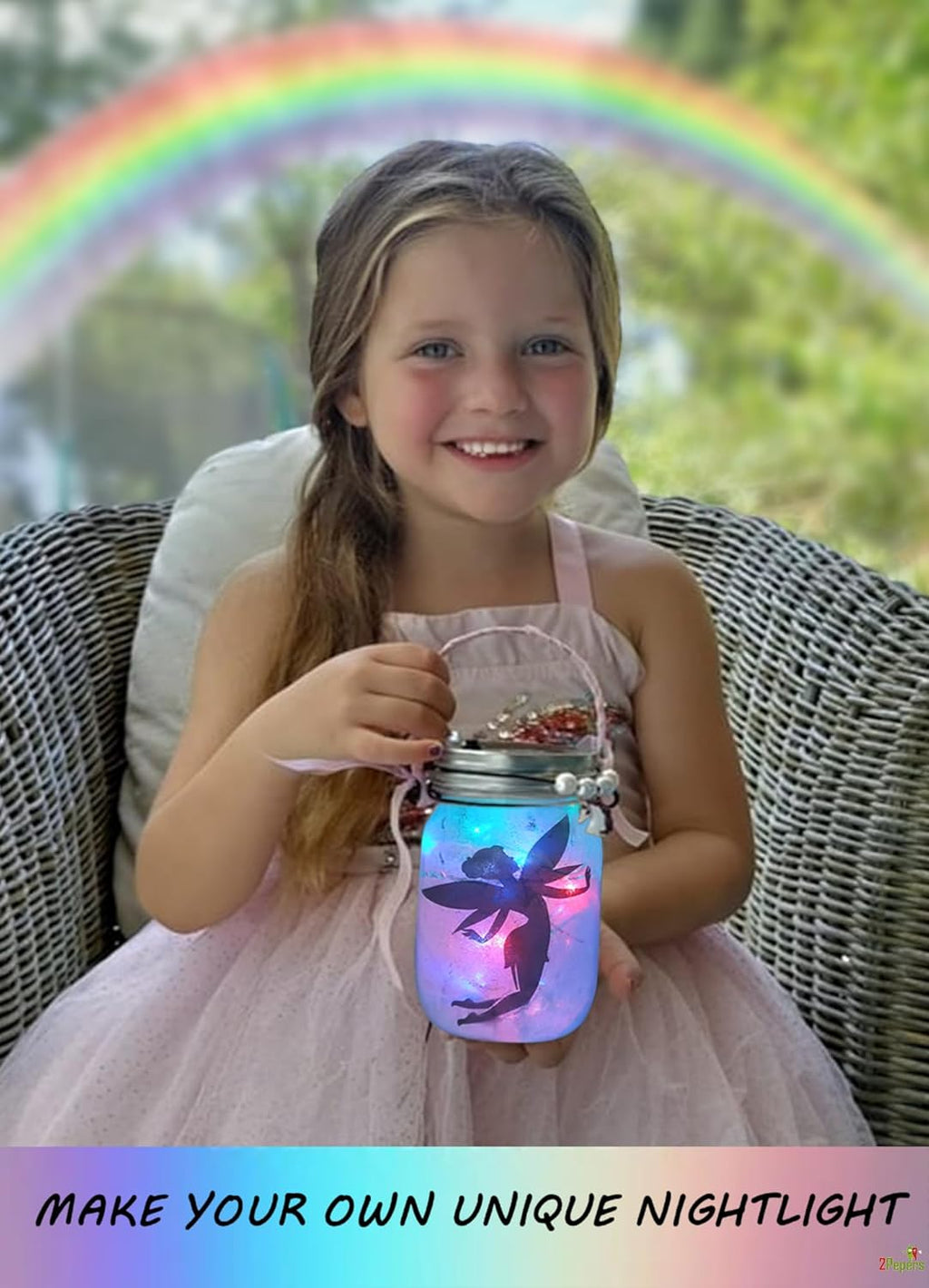 Children's unicorn jar night light with glowing purple blue light, held by smiling child