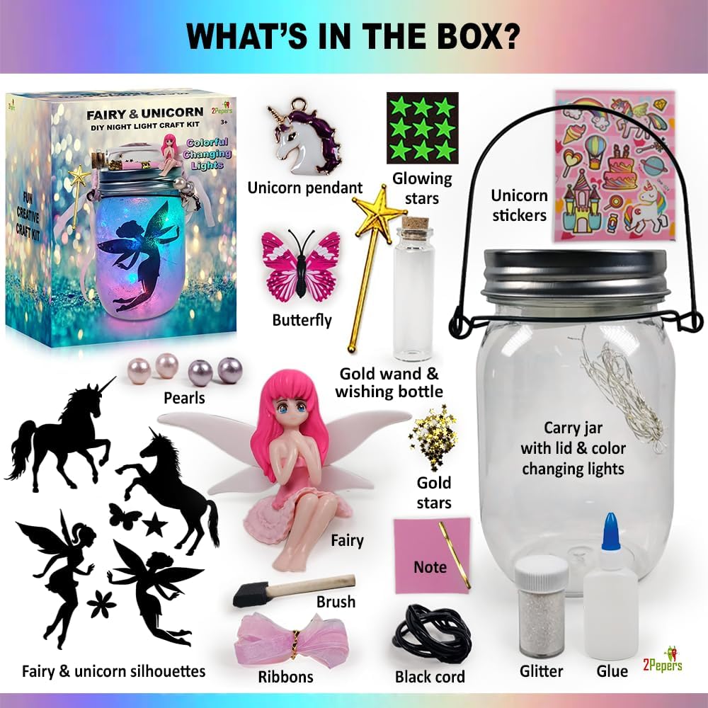 Fairy terrarium lantern kit accessories: jar, fairy figurine, lights, stickers, stars