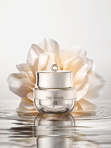 Eye cream jar with lid and decorative medallion, on a reflective surface