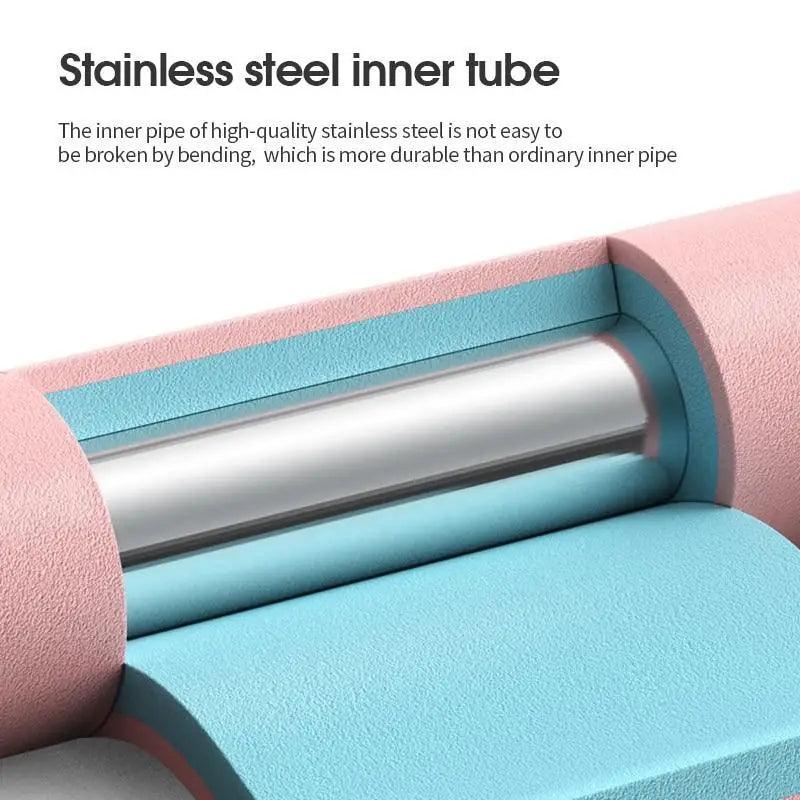 Foam hula hoop showing stainless steel inner tube inside cushioned ring