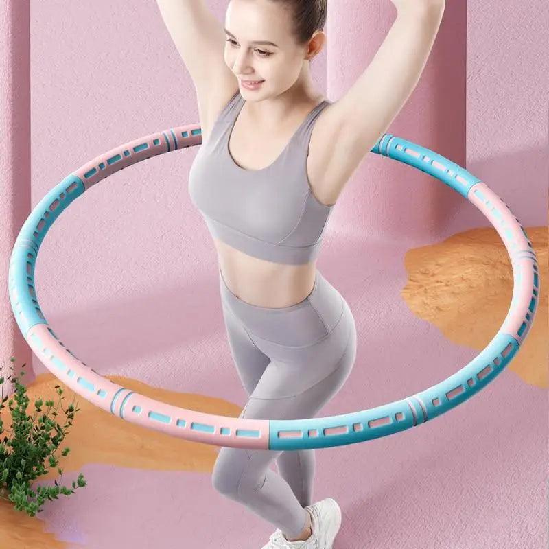 Blue and pink cushioned foam hula hoop with elastic, adjustable detachable segments