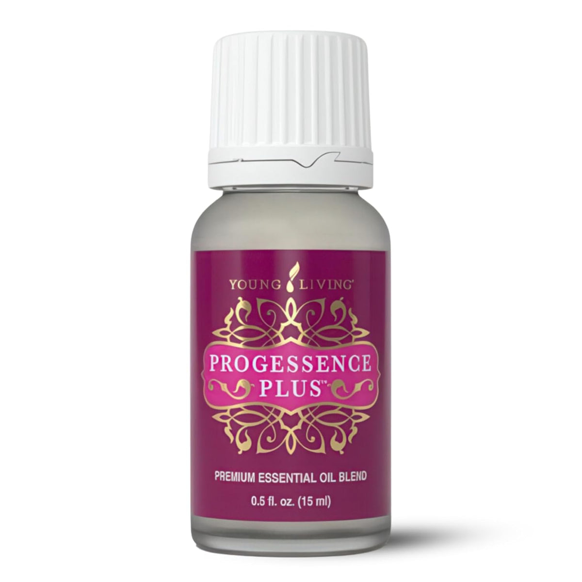 Young Living ProGessence Plus essential oil blend bottle, 15ml, front label close-up