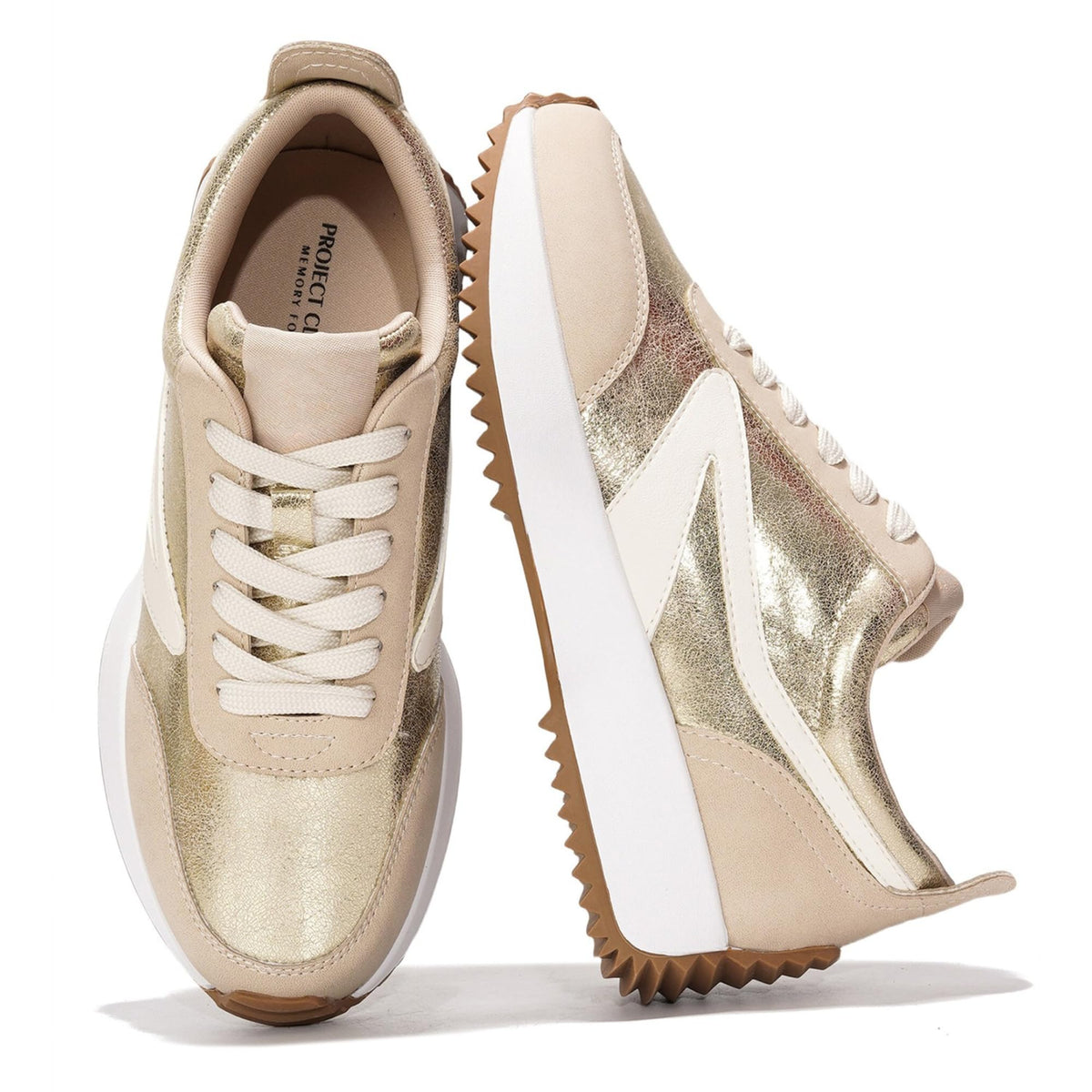 Women's cream metallic sneakers with white laces and silver side stripe, chunky sole