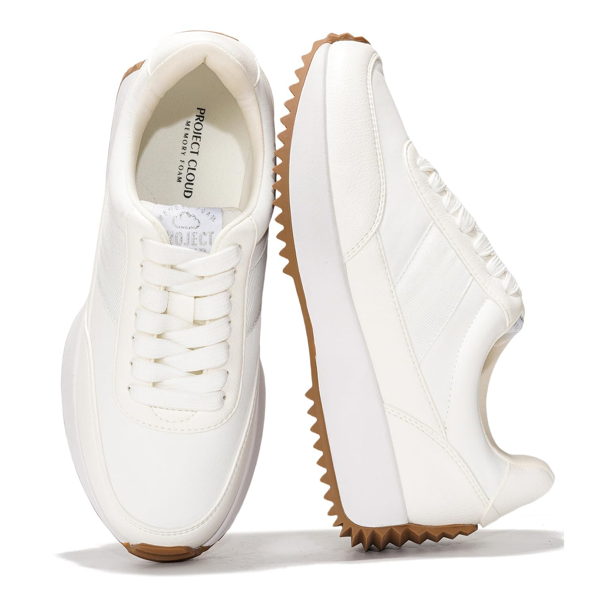 White lace-up wedge sneakers with chunky tread sole and side panel stitching