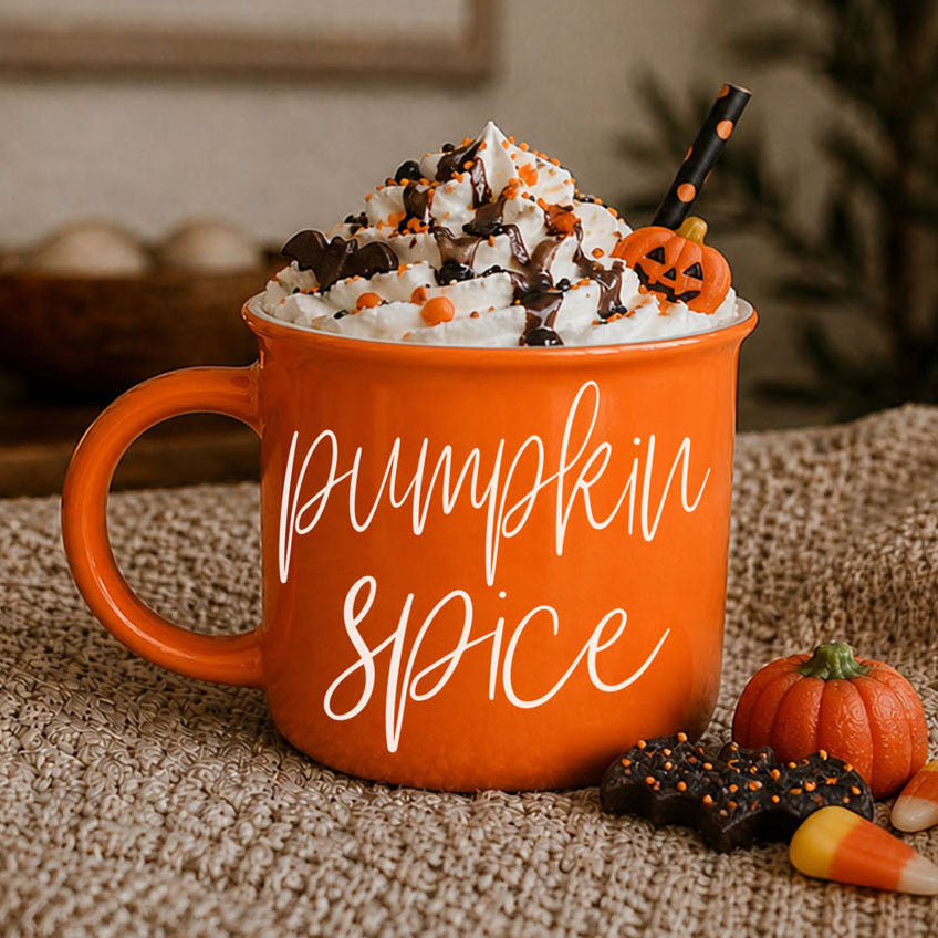 Orange mug with handle, Pumpkin Spice script on front for seasonal drink