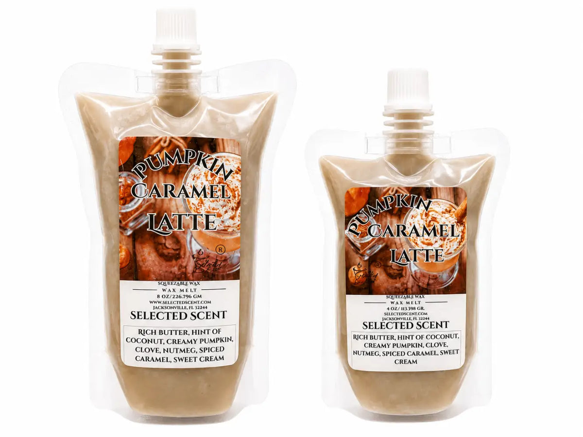Squeezable wax melt pouch with Pumpkin Caramel Latte label, beige wax fill