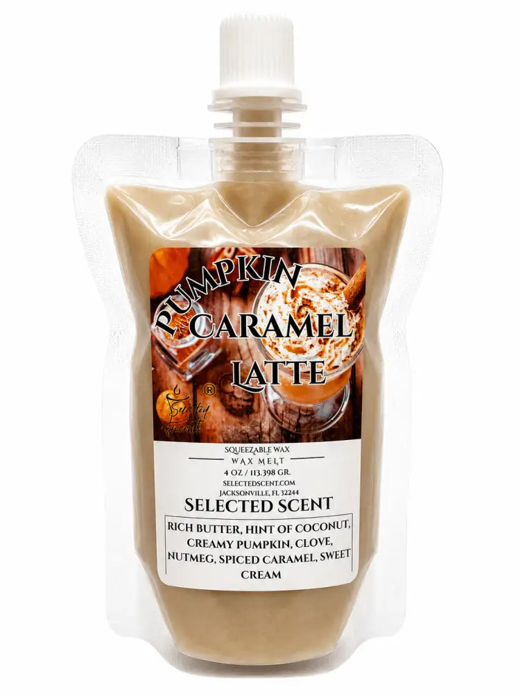 Squeezable wax melt pouch, Pumpkin Caramel Latte label, beige wax, clear dispensing cap