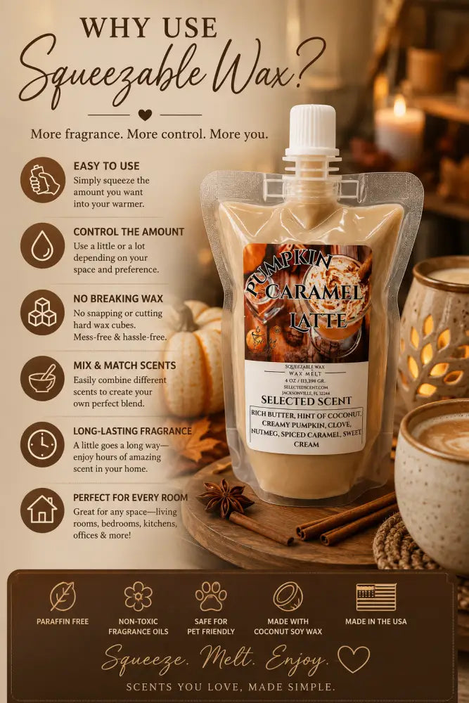 Squeezable wax melt pouch with Pumpkin Caramel Latte label and instructions, beige wax