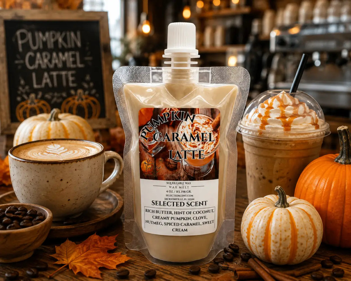 Squeezable wax melt pouch with Pumpkin Caramel Latte label, clear spout, beige wax