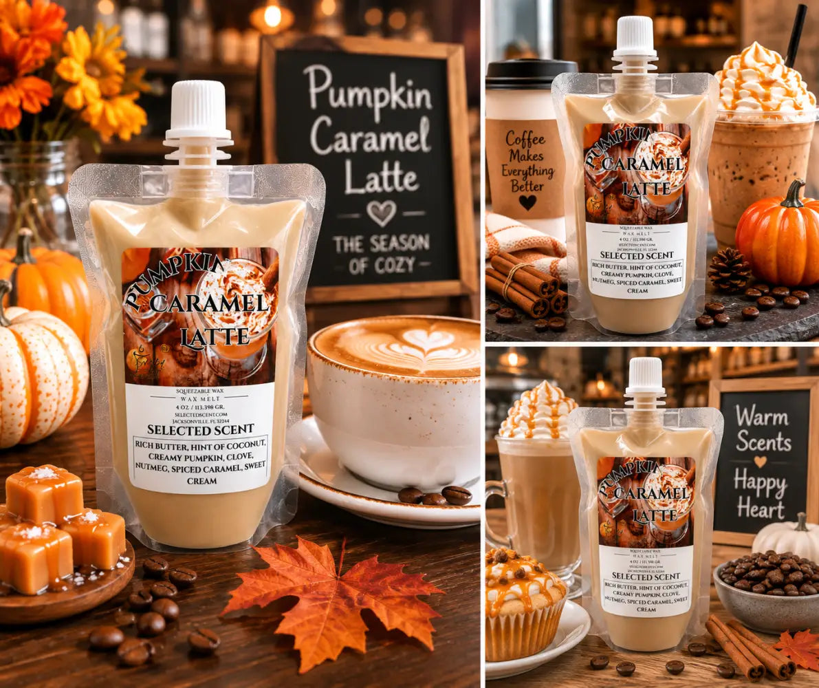 Squeezable wax melt pouch with Pumpkin Caramel Latte label, beige wax, fall display