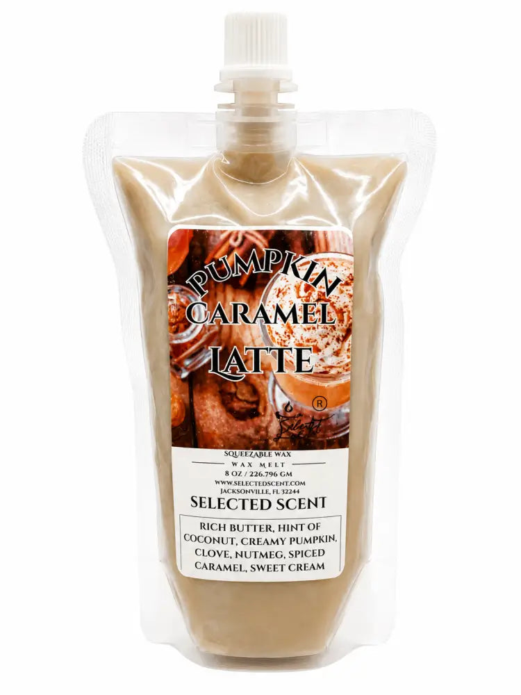 Squeezable wax melt pouch with Pumpkin Caramel Latte label, sealed beige wax in clear pouch