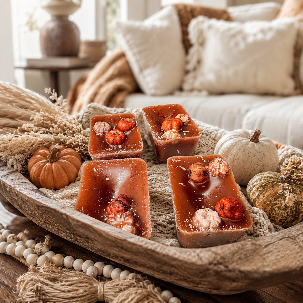 XL pumpkin pecan wax melt squares arranged in a tray, dark amber with nut bits.