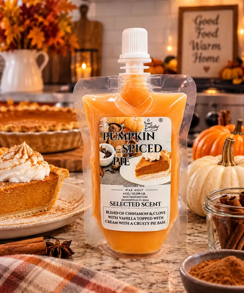 Squeezable wax melt pouch with amber wax and white screw cap on display with pie slices