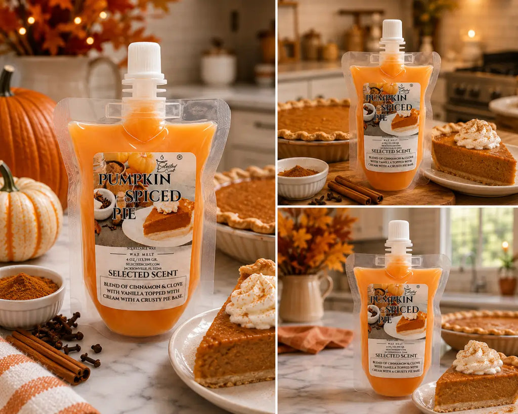 Squeezable wax melt pouch with amber wax, shown with pie slices and wax-melt accessories