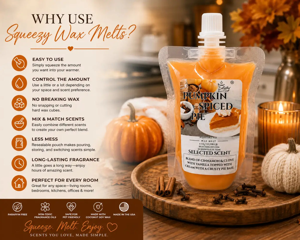 Squeezable wax melt pouch with white cap beside use-instructions graphic