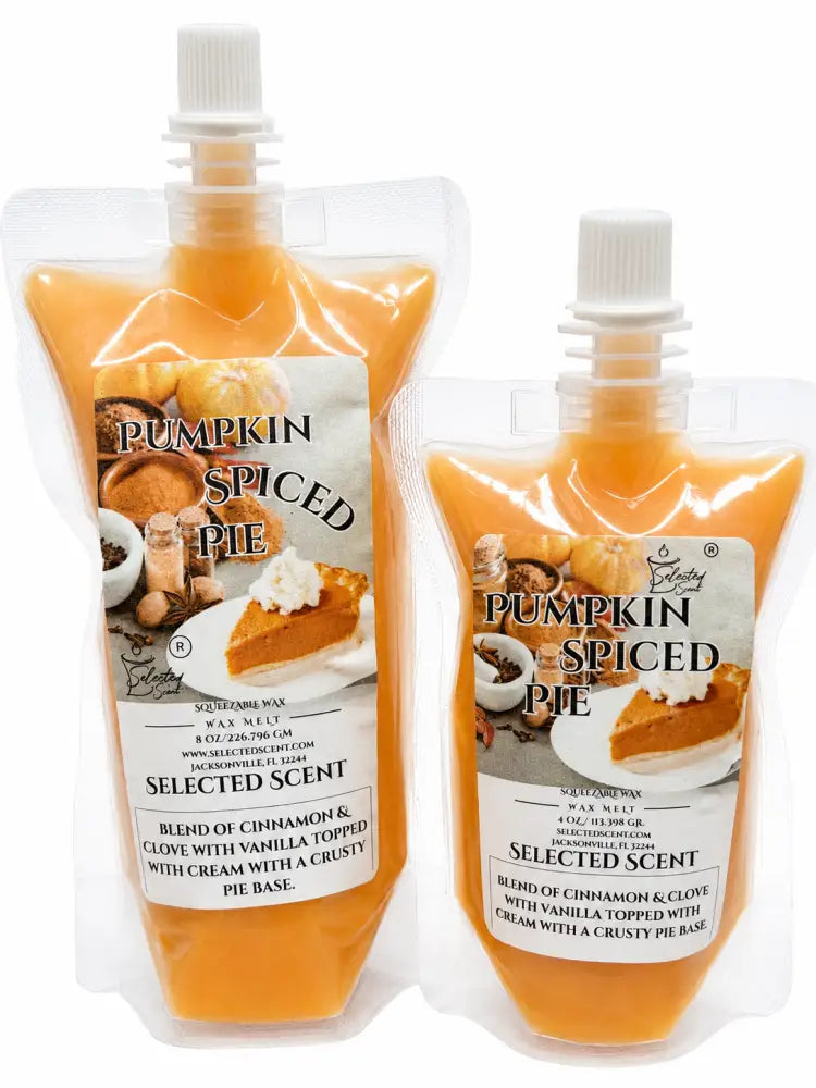Squeezable wax melt pouch with amber wax and white screw cap, Pumpkin Spiced Pie scent