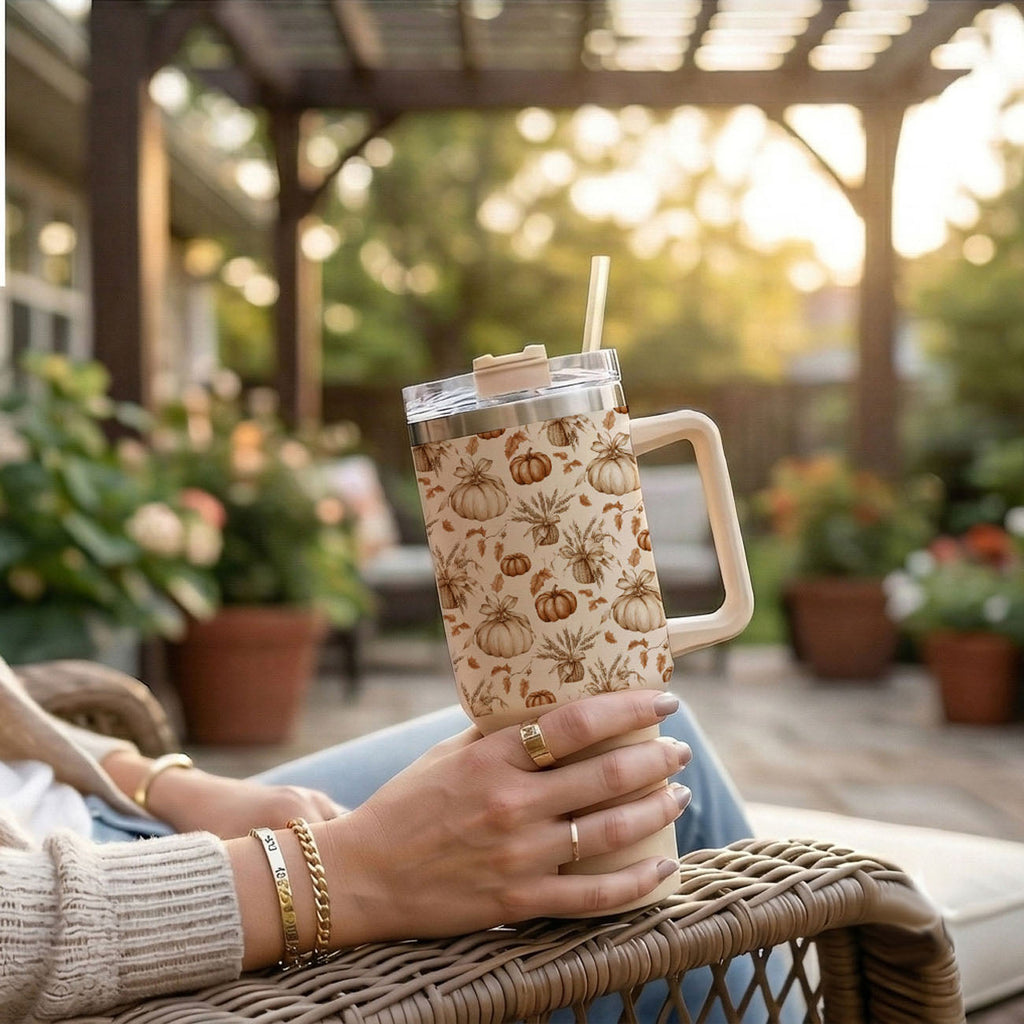 40 oz tumbler with straw and clear lid, cream pumpkin print, and white side handle