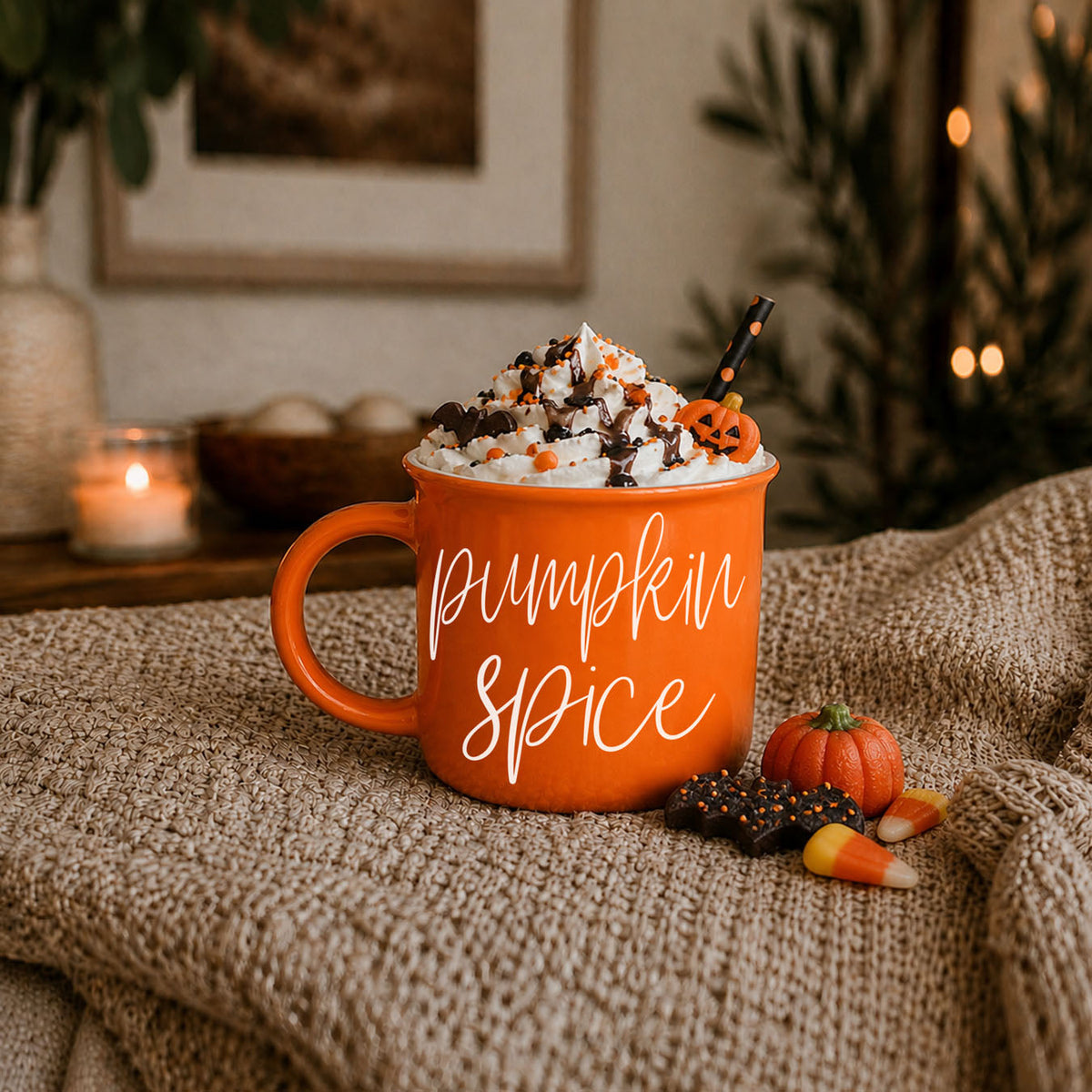 Orange ceramic mug with whipped topping, white “pumpkin spice” script, on knit cloth