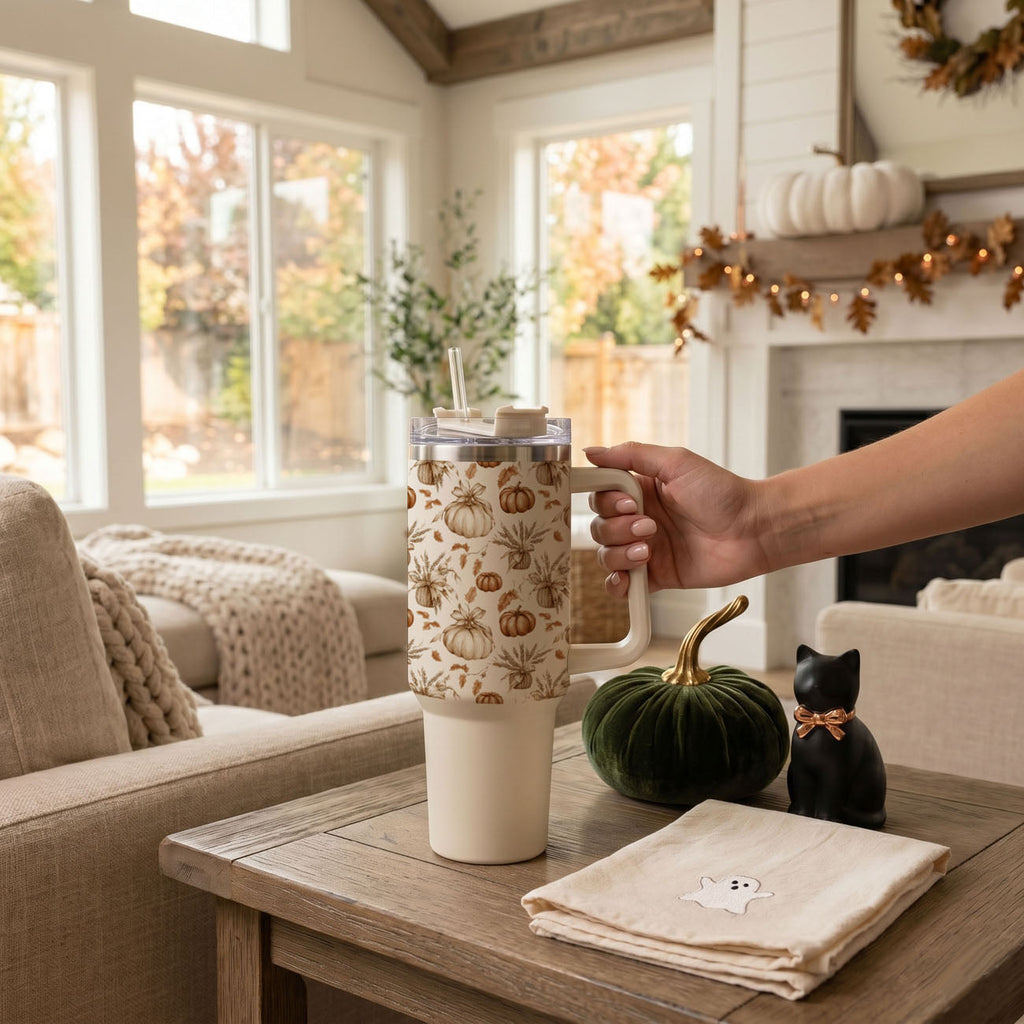 40oz tumbler with handle, clear lid, and pumpkin pattern drink cup