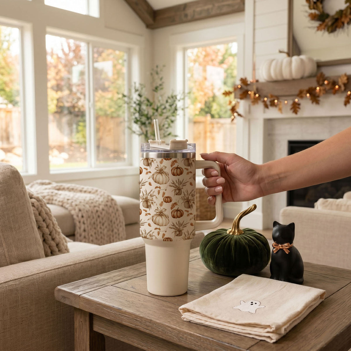 40oz tumbler with handle, clear lid, and pumpkin pattern drink cup