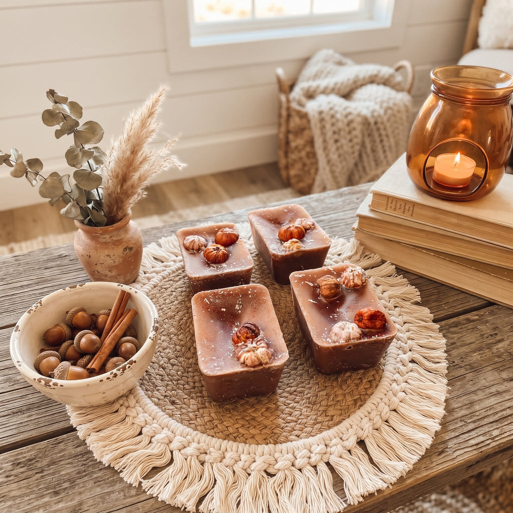XL pumpkin pecan wax melt squares on a braided mat, dark amber with embedded pieces.