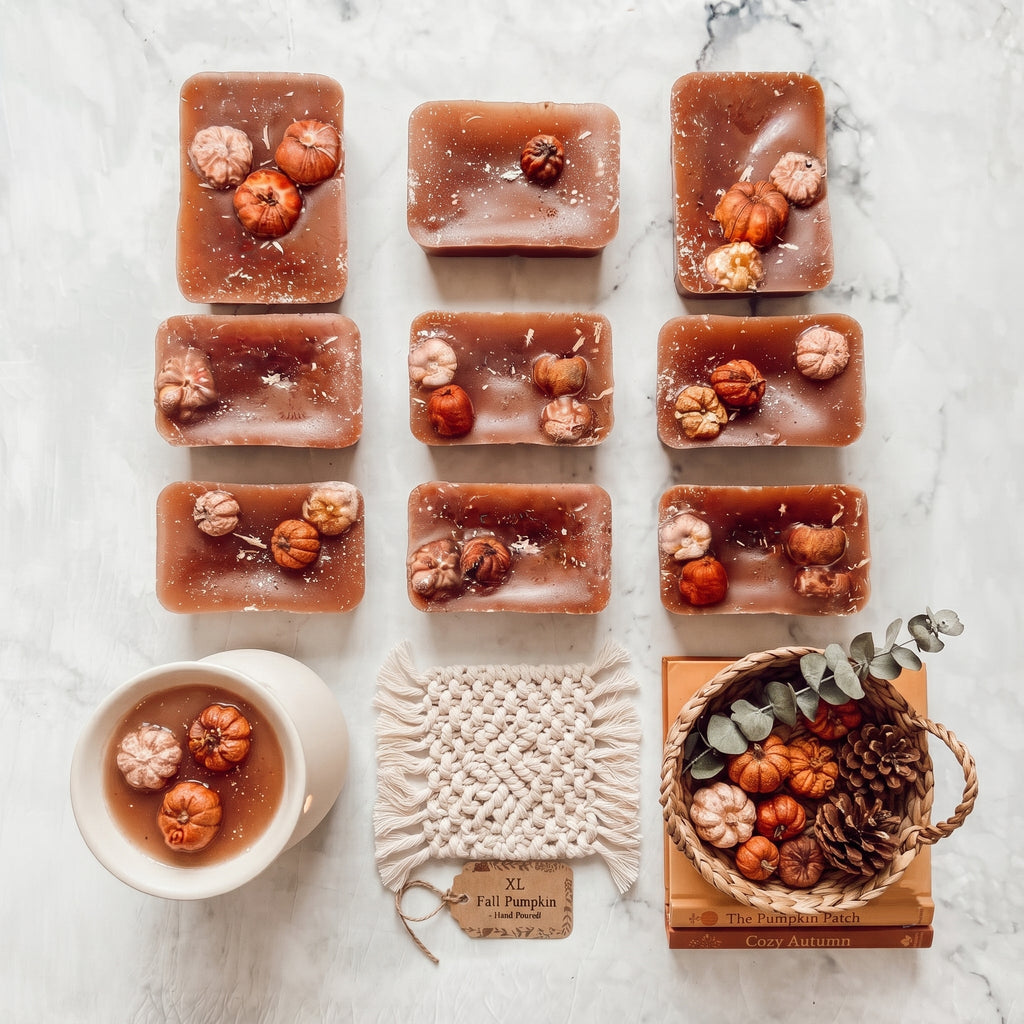 Nine XL pumpkin pecan wax melt squares, dark amber with embedded nuts and crumb speckles.