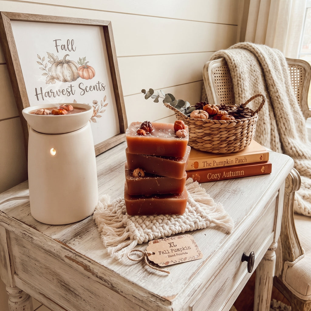 Stacked XL pumpkin pecan wax melt squares on a wooden tray with three bars showing.