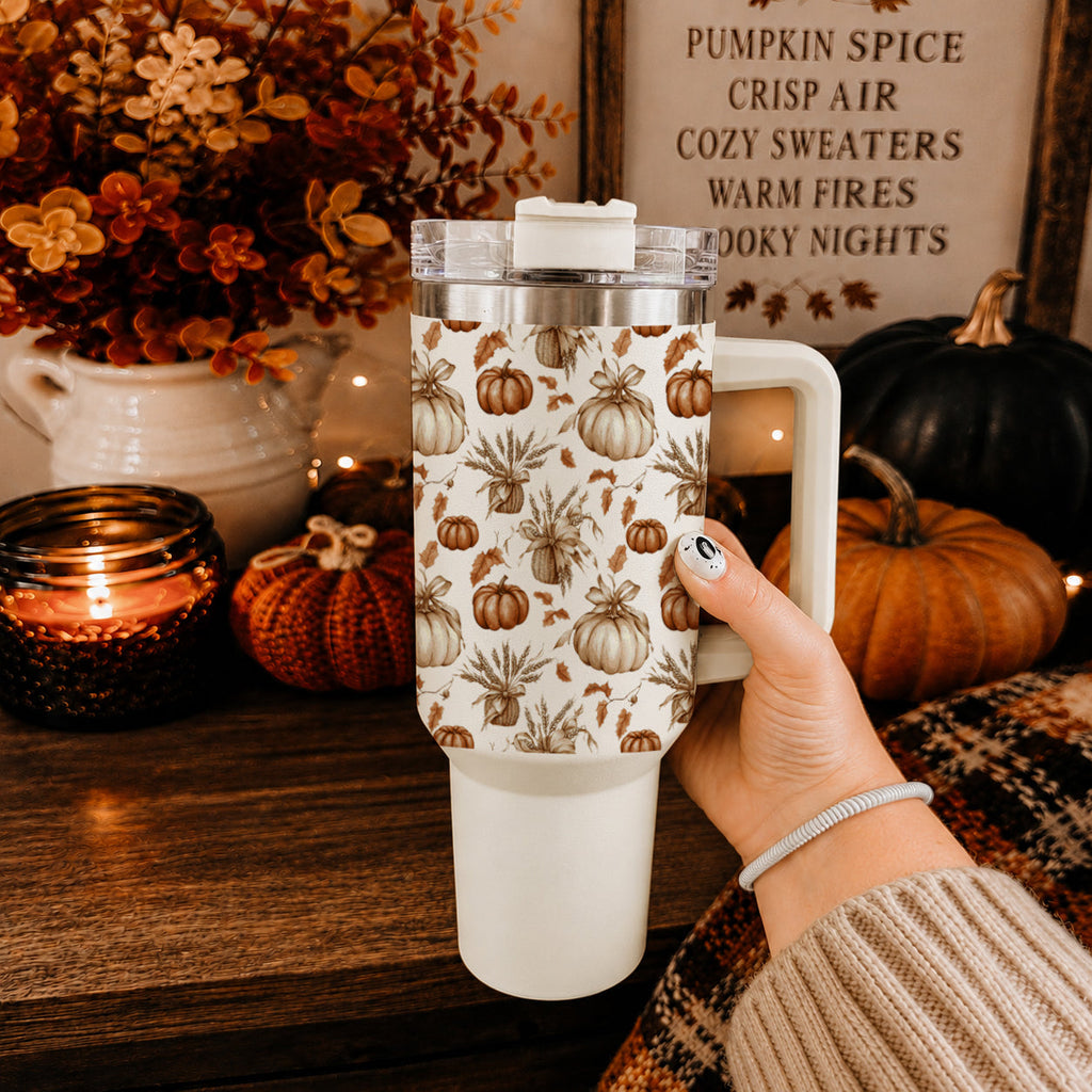 40oz tumbler with clear lid, straw, and rustic pumpkin pattern sleeve