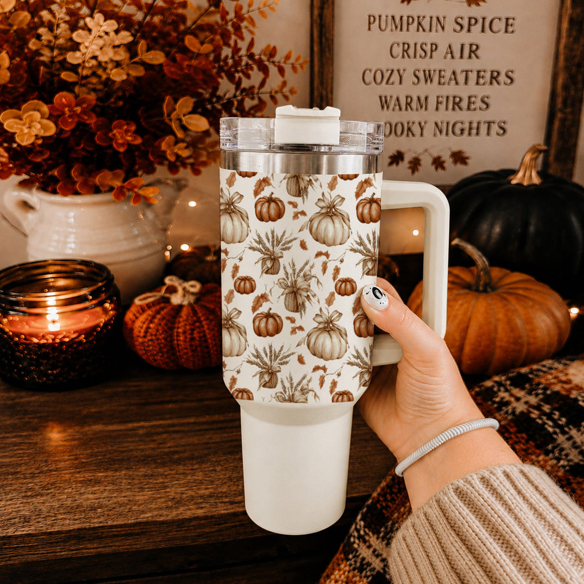 40oz tumbler with clear lid, straw, and rustic pumpkin pattern sleeve