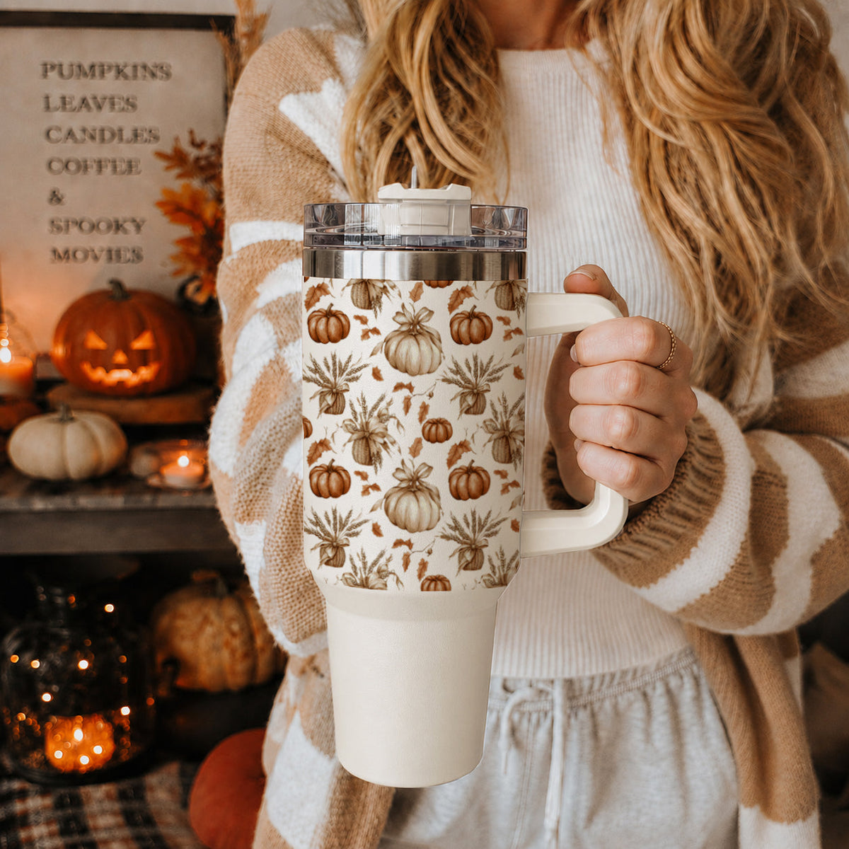 40 oz tumbler with autumn pumpkin pattern, clear lid, and straw drinking spout