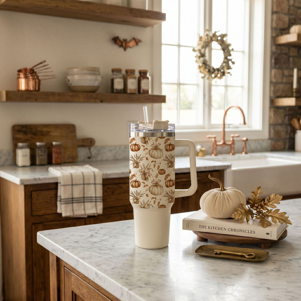 40oz tumbler with handle, straw, and pumpkin pattern on the front