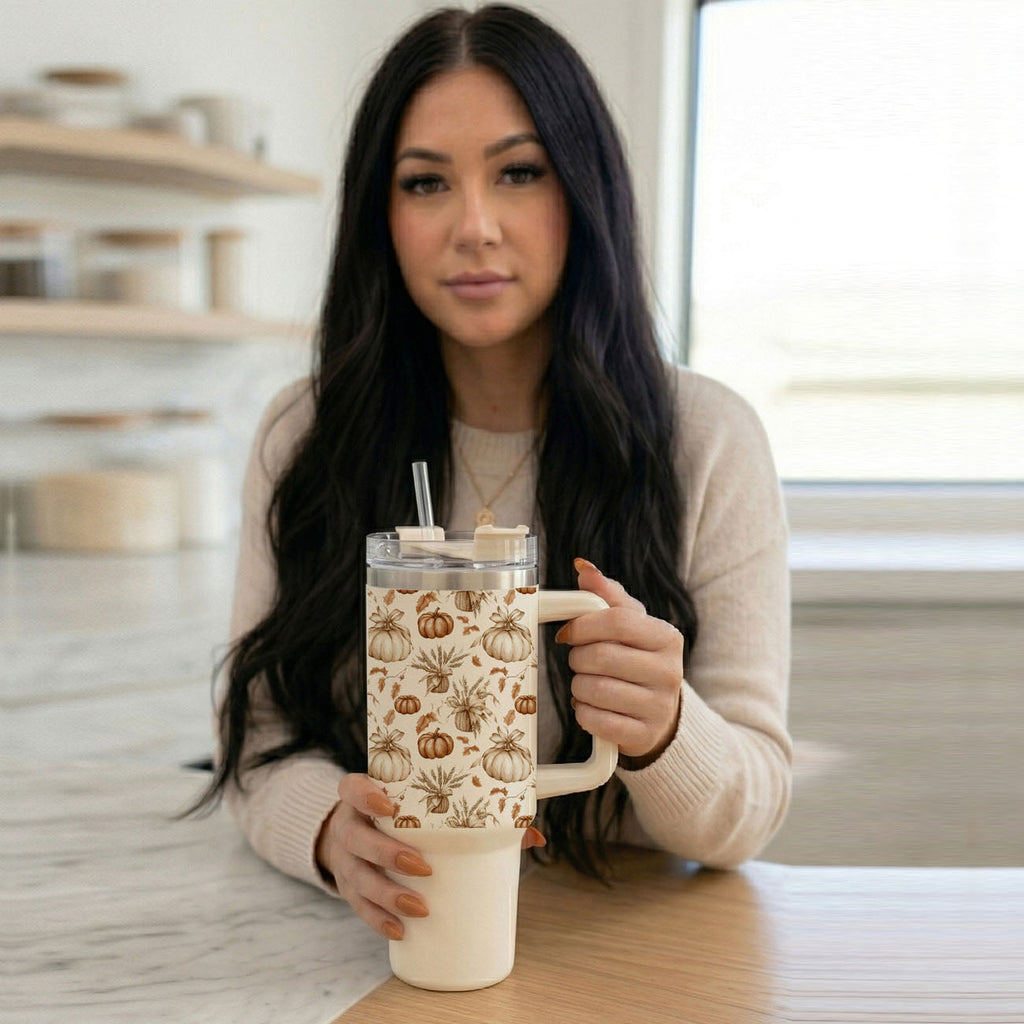 40oz tumbler with handle, straw, and pumpkin pattern cup on a tabletop
