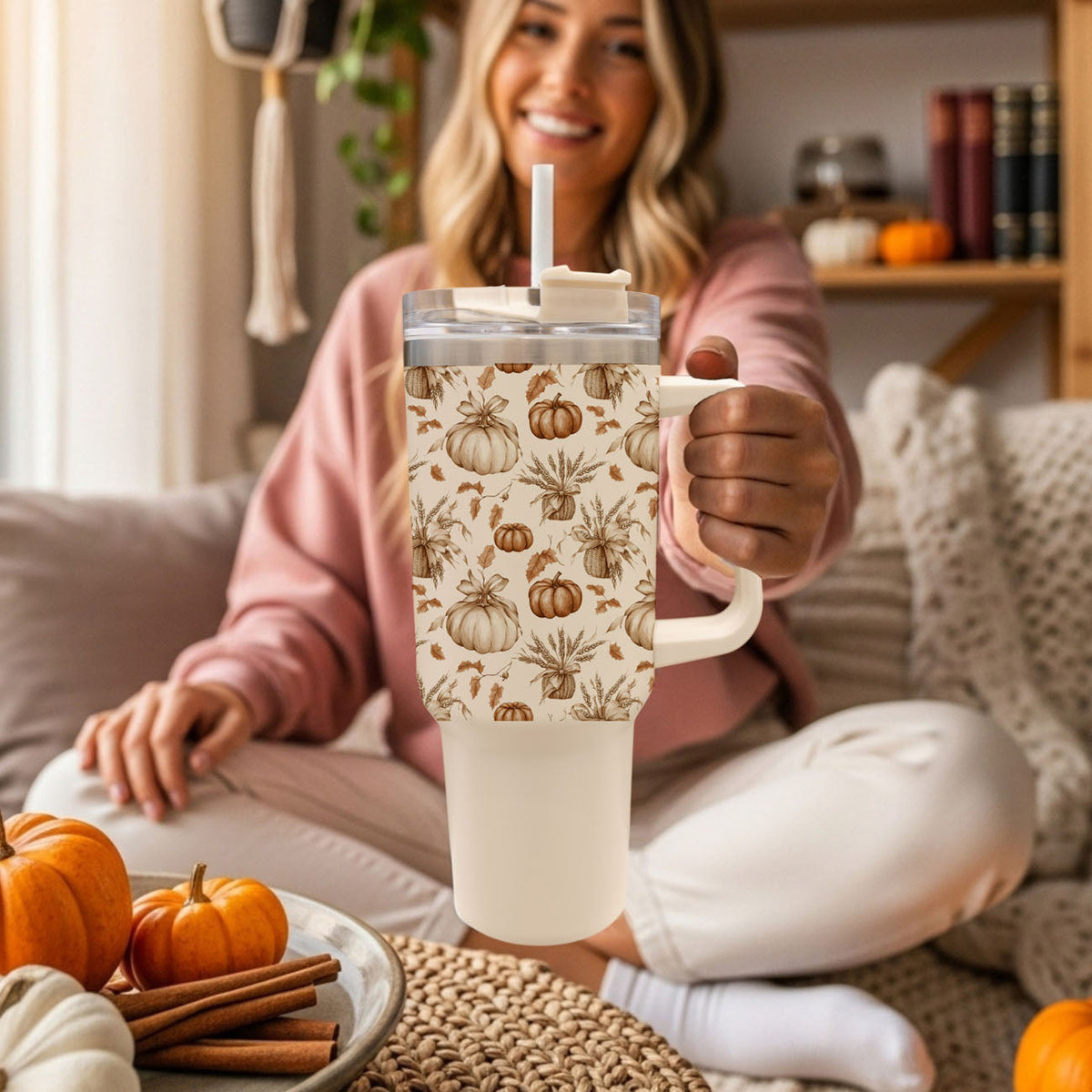 40oz insulated tumbler with handle, clear lid, and straw; cream pumpkin pattern.