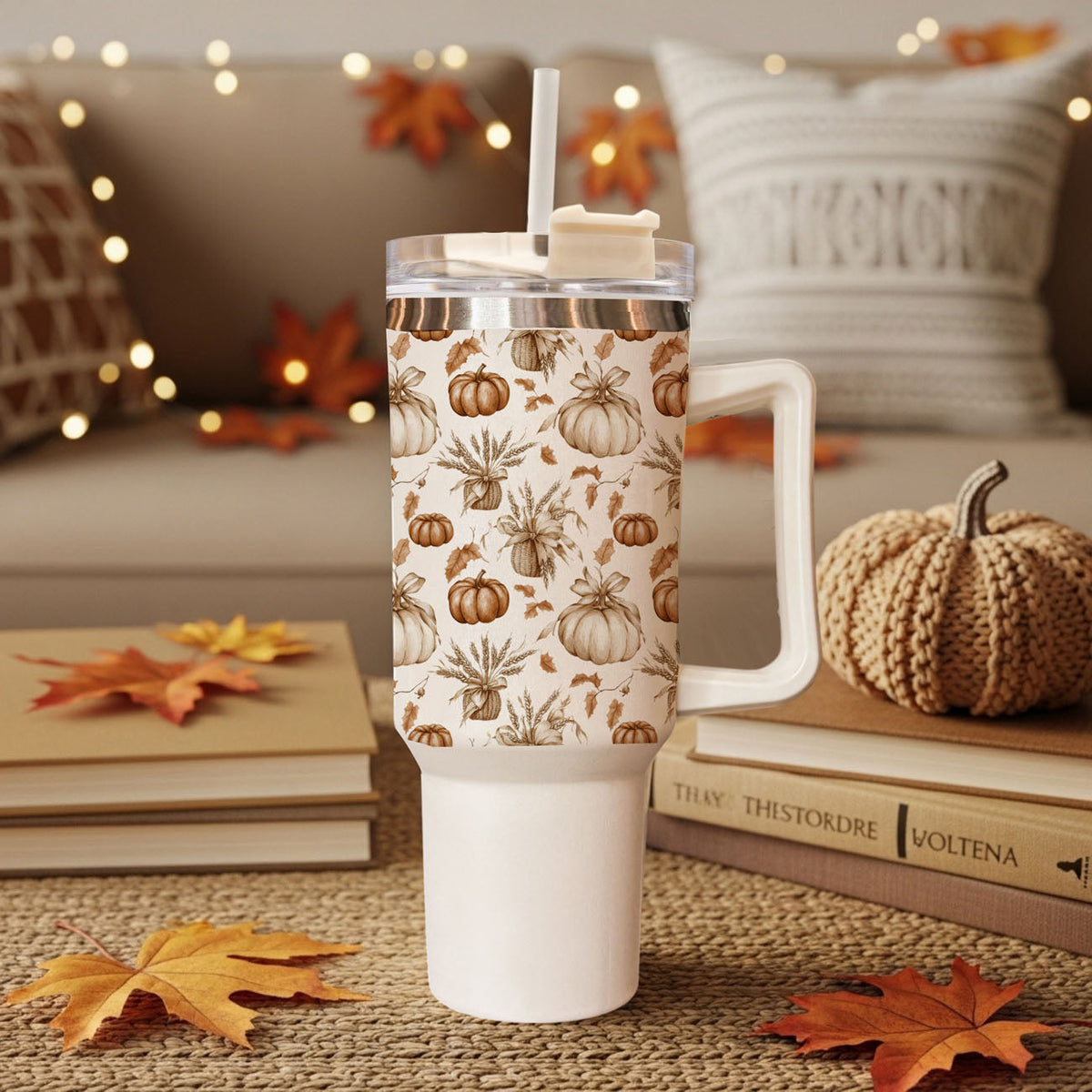 40oz insulated tumbler with handle, clear lid, and straw; tall cream pumpkin print.