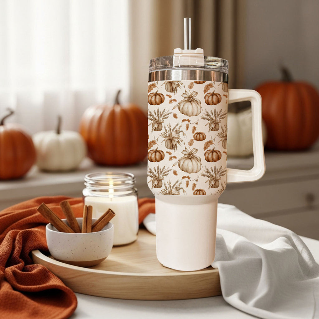 40oz insulated tumbler with handle, clear lid, and straw; cream pumpkin and leaf pattern.