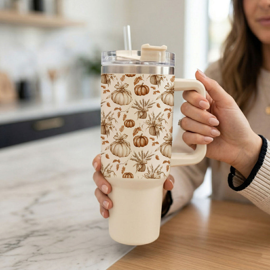 40oz insulated tumbler with handle, clear lid, and straw; close view of pumpkin pattern.