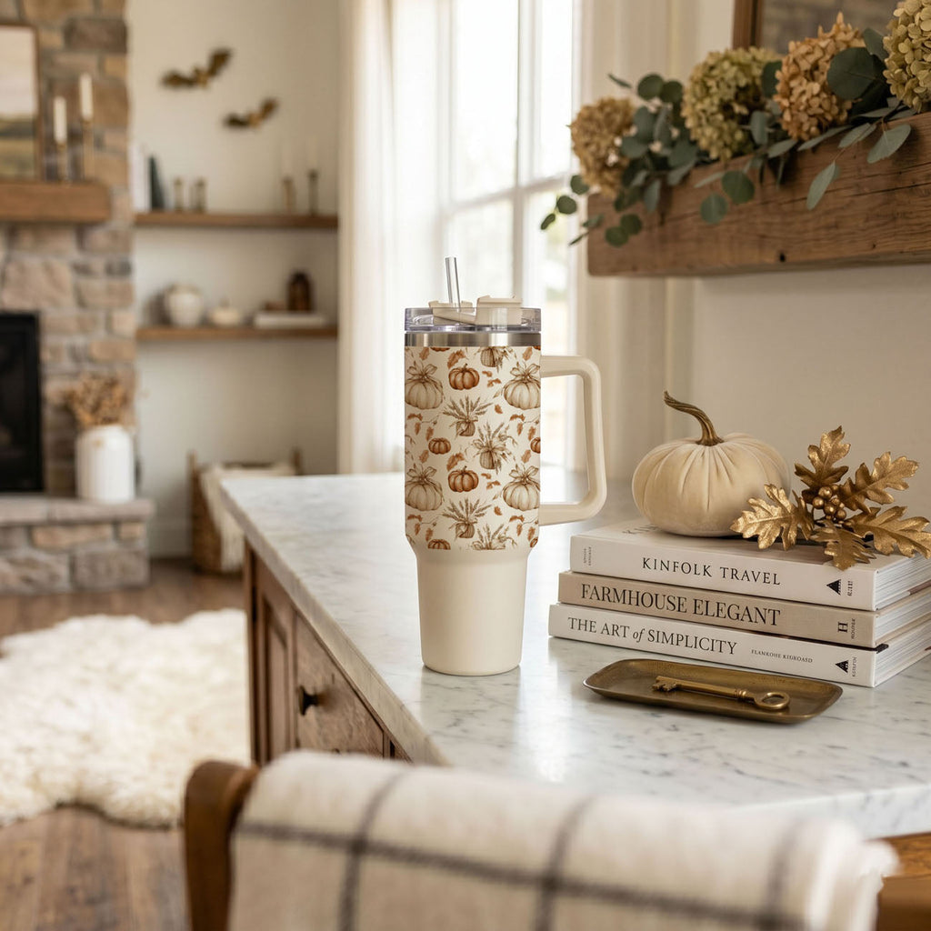 Beige travel tumbler with clear lid and straw, featuring pumpkins and autumn botanicals.