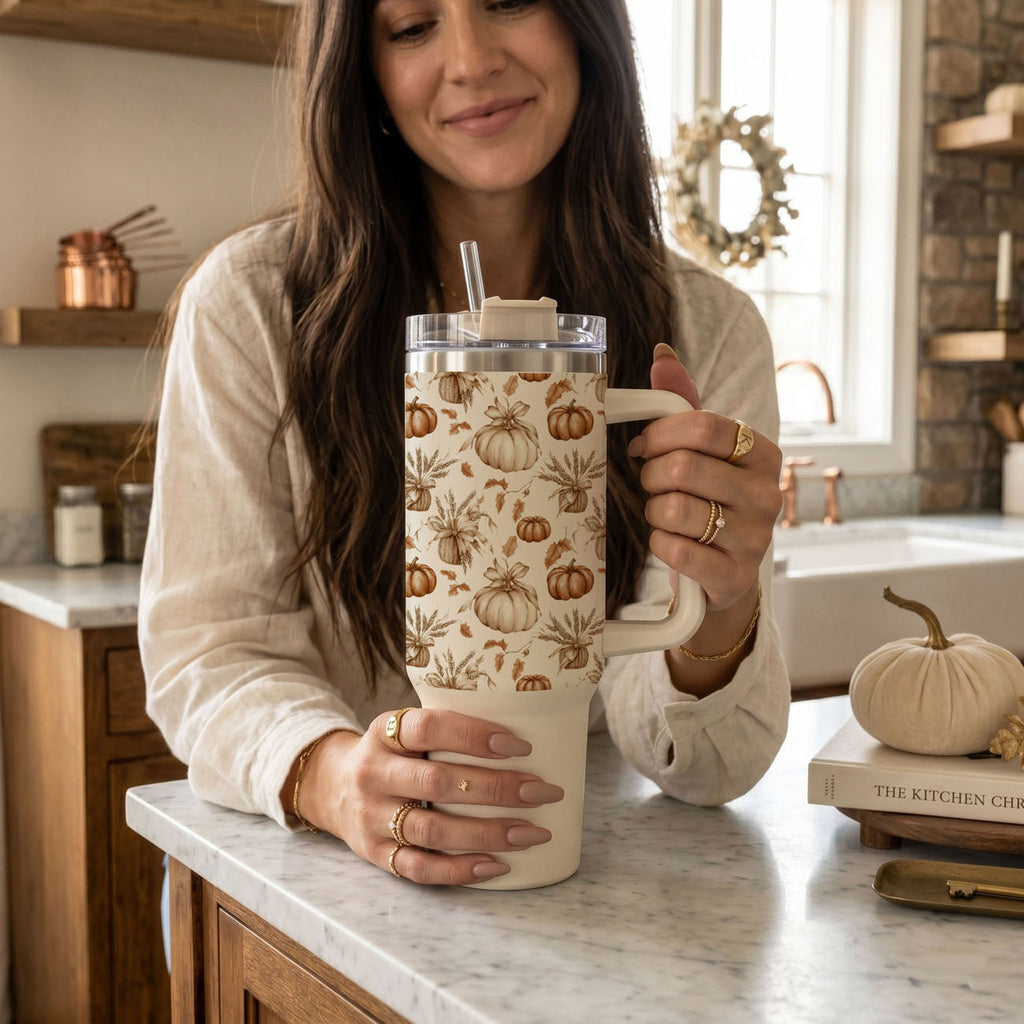 Tall beige insulated tumbler with clear lid and straw, pumpkin and herb print wrap.