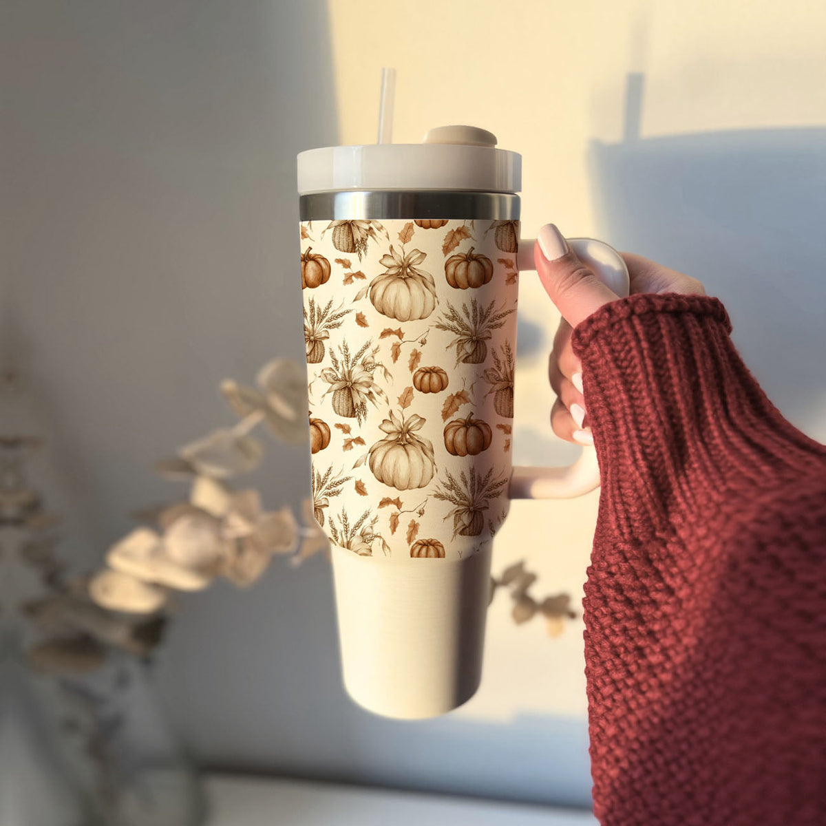 40oz insulated tumbler with clear lid and straw; cream pumpkin pattern wrap.