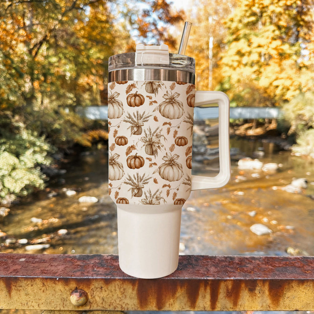40oz tumbler with clear lid and straw, pumpkin pattern sleeve