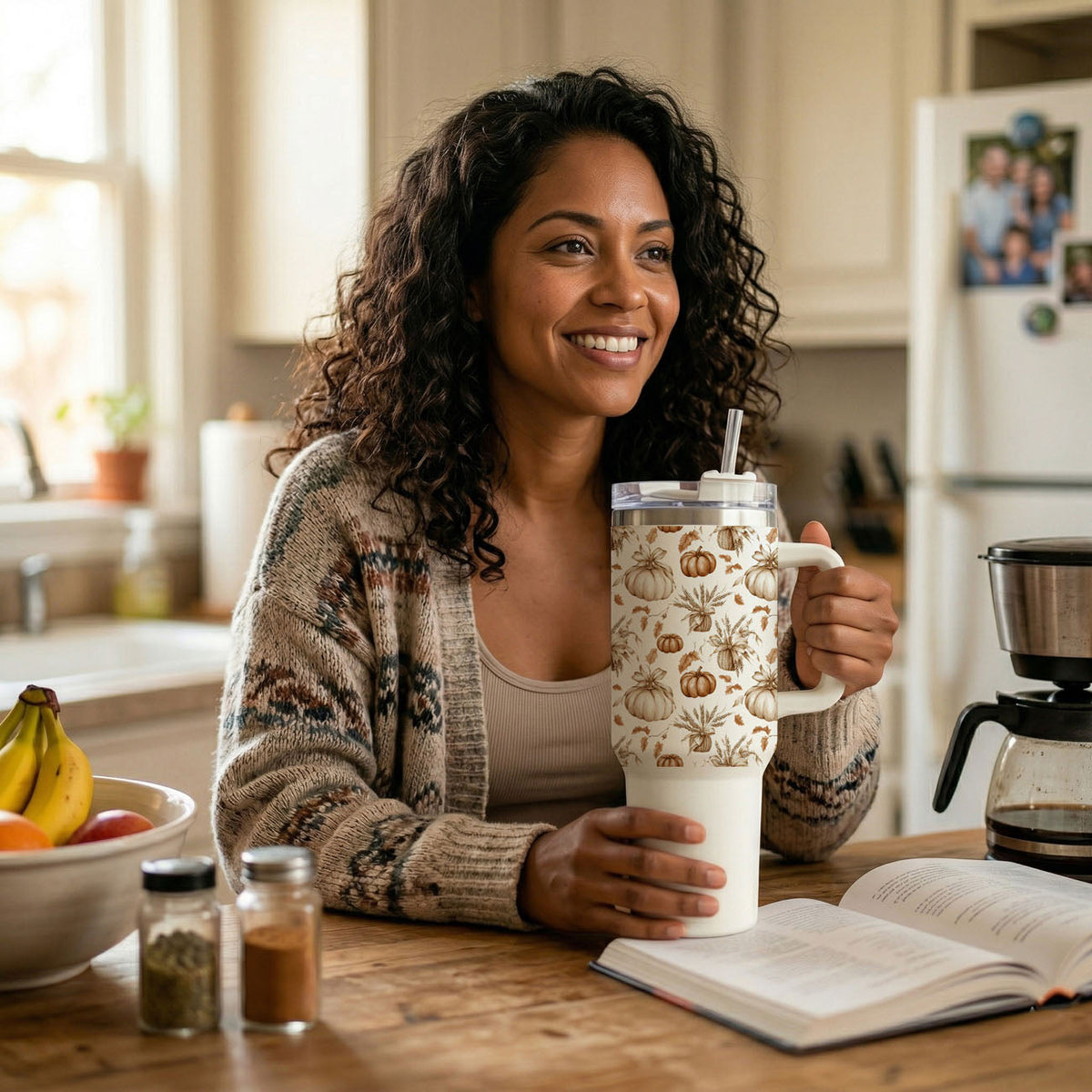 40oz insulated tumbler with handle, clear lid, and straw; cream pumpkin pattern.