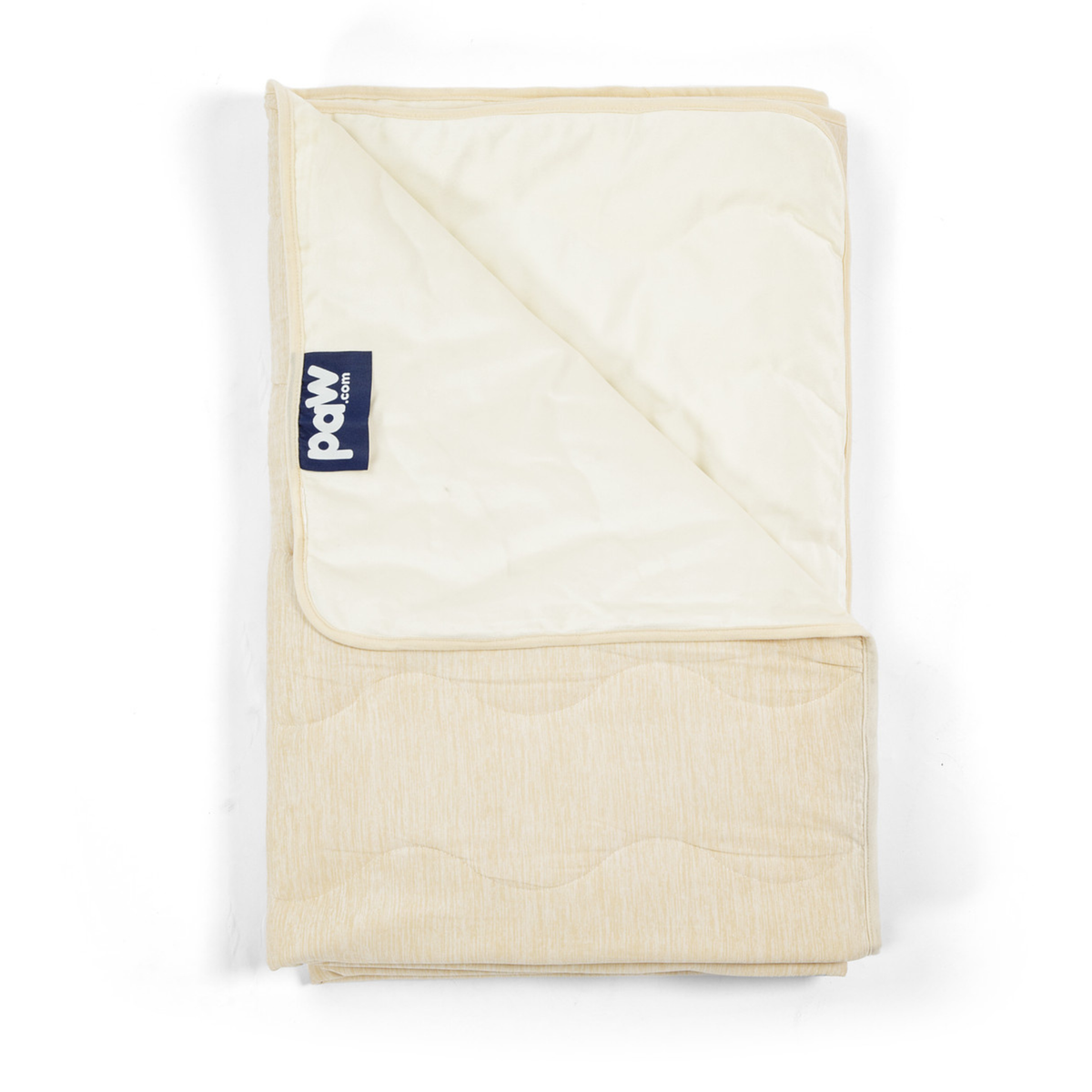 Folded Arctic Sand cooling waterproof pet blanket, cream and beige with paw label