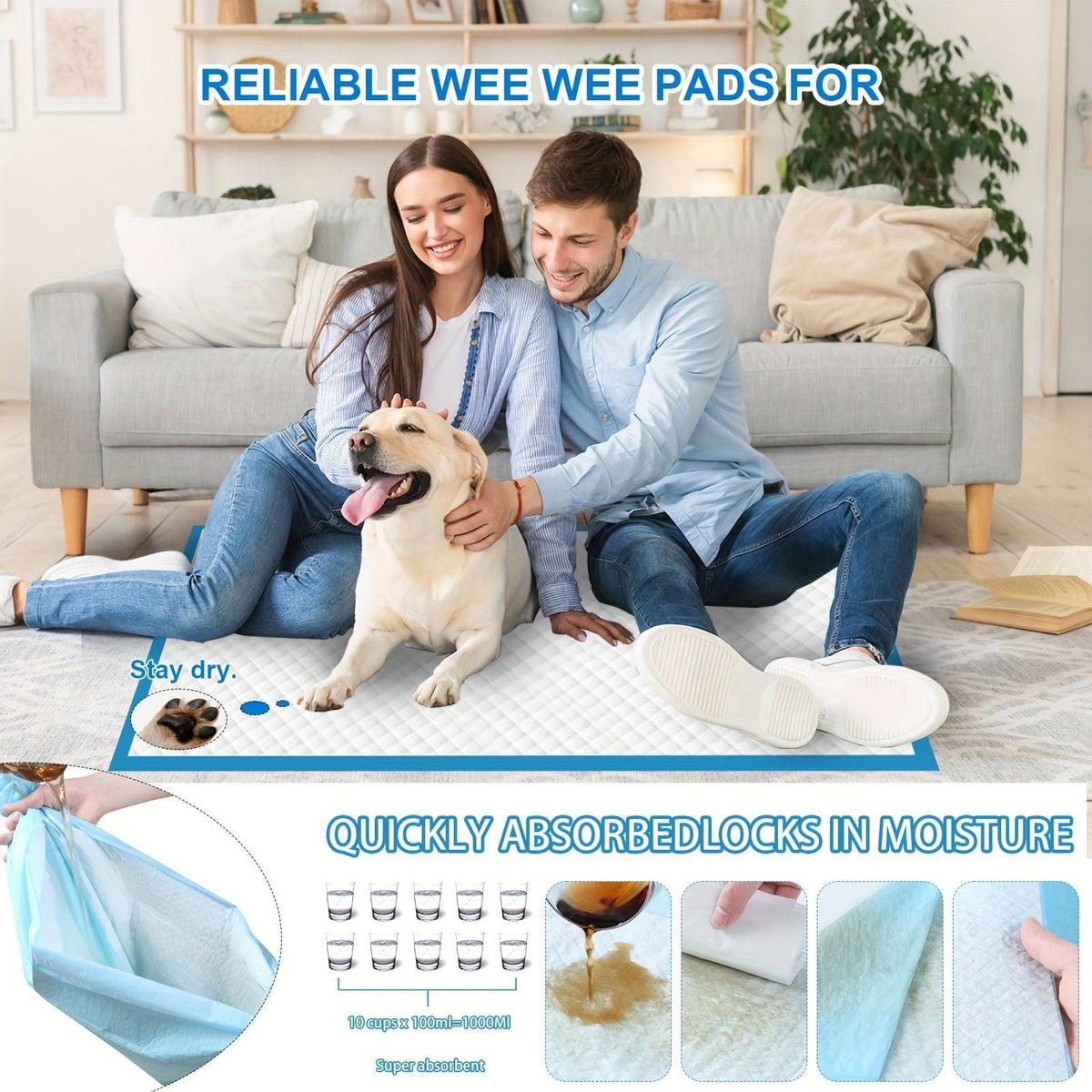 Disposable puppy pee pad spread on the floor under a sitting dog