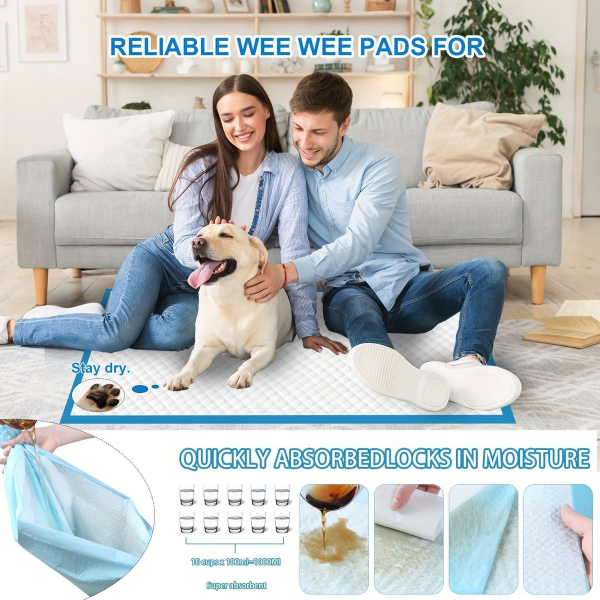 Puppy pee pad laid flat with white quilted surface and blue border