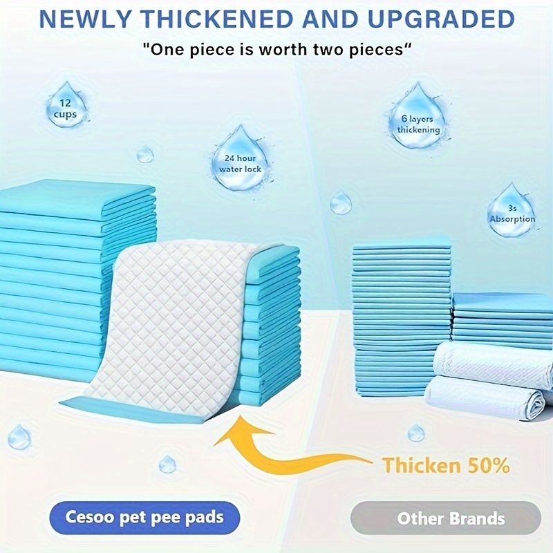 Stacked disposable puppy pee pads with white top sheet and blue side layers