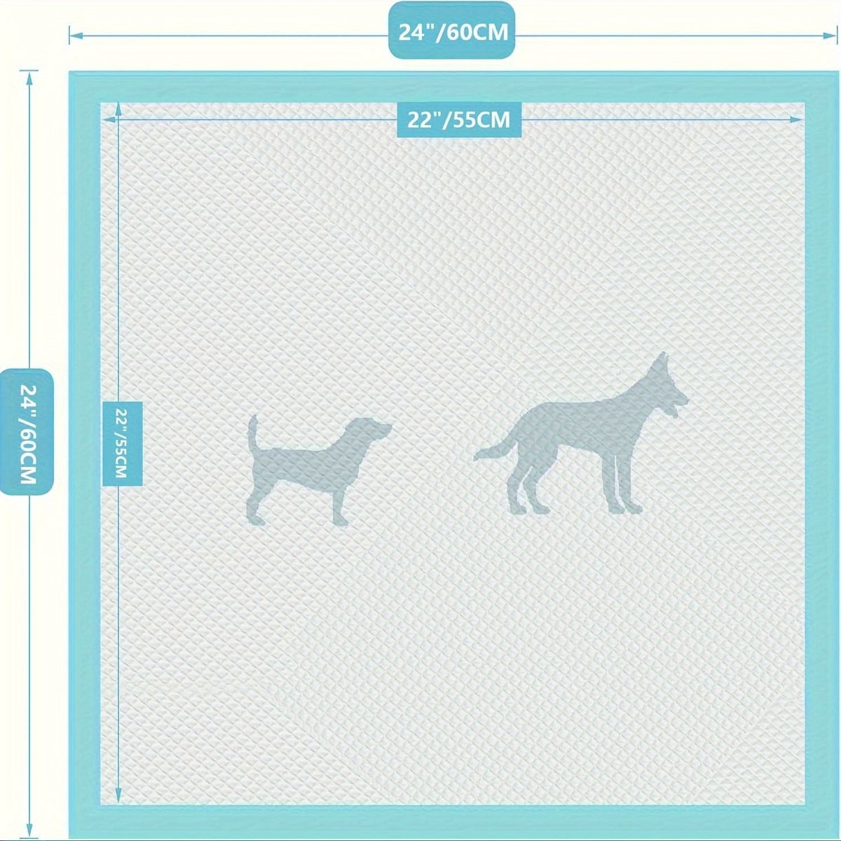 Puppy pee pad with paw icons, white textured sheet, and blue frame